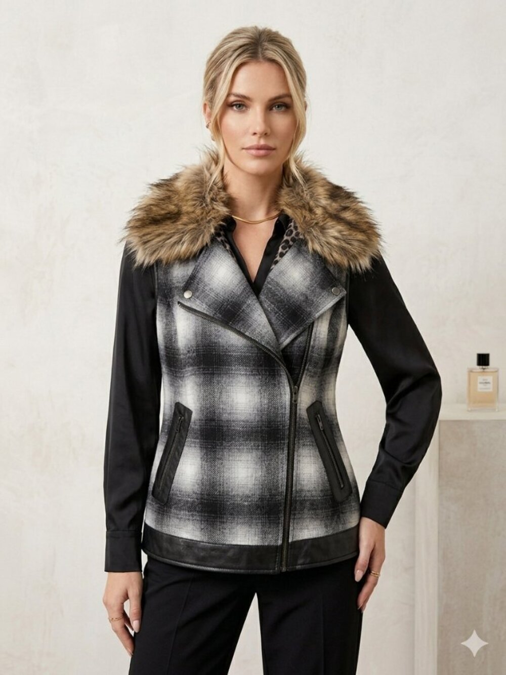 Tasha Polizzi Yorkshire Plaid Wool Vest Blue Black Faux Fur Coat M